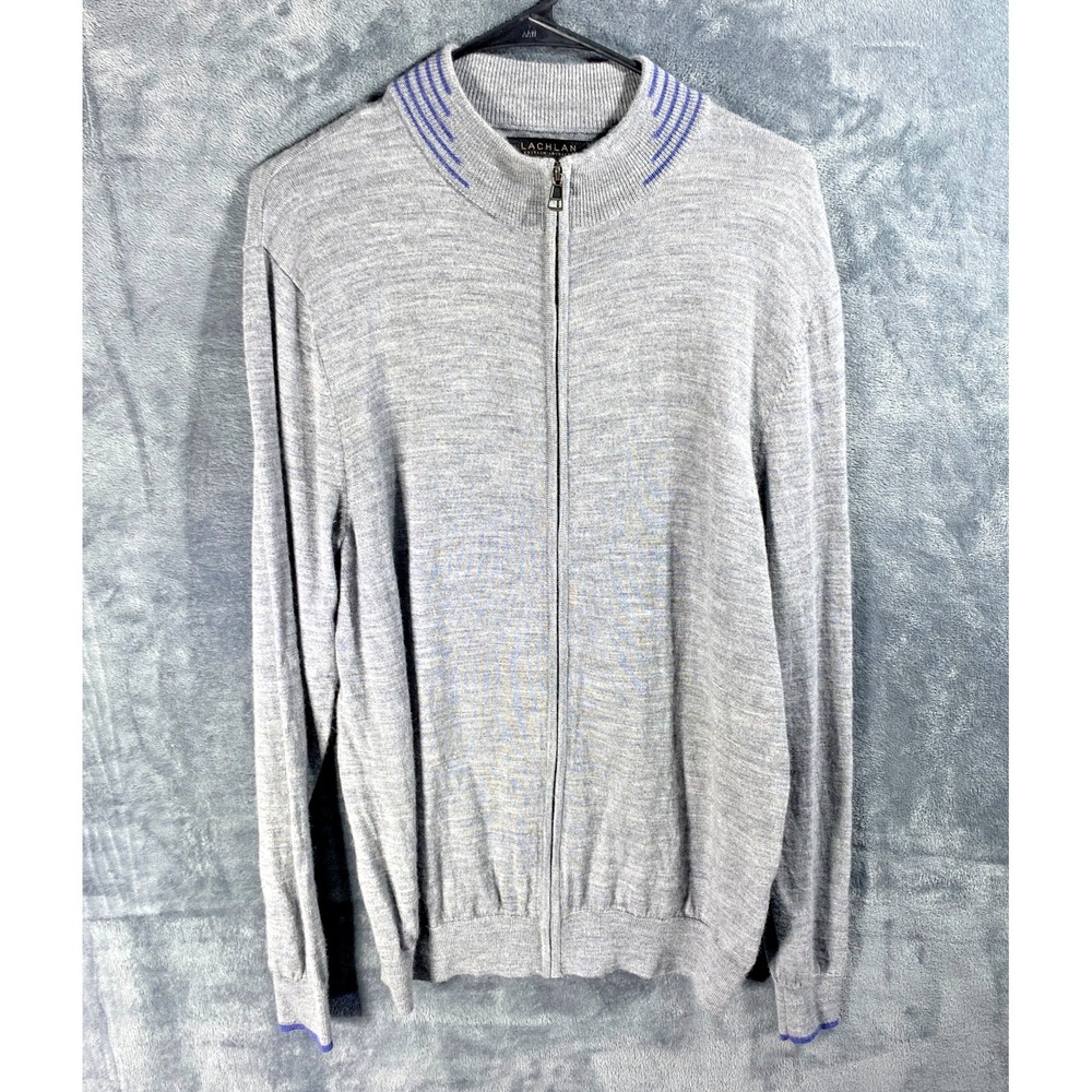 Lachlan Merino Wool Sweater Mens XL Gray Full Zip Fine Knit Pullover Mock Neck